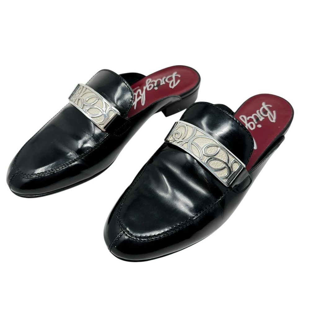 Brighton Black Leather Loafer Mule With Silver Filigree & White Leather Size 7